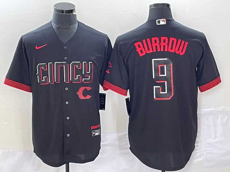 Mens Cincinnati Reds #9 Joe Burrow Black 2023 City Connect Cool Base Stitched Baseball Jersey1